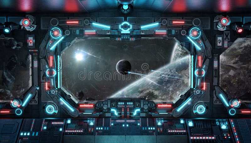 Dark spaceship interior with glowing blue and red lights. Futuristic spacecraft with large window view on planets in space. 3D