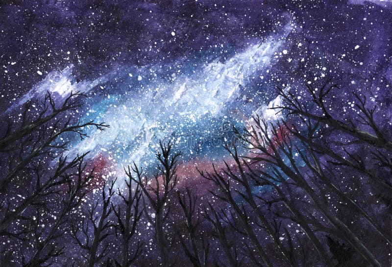 Dark night - Milky Way in the sky through silhouettes of trees - Universe watercolor hand-drawn illustration stock image Dark night - Milky Way in the sky through silhouettes of trees - Universe watercolor hand-drawn illustration stock image