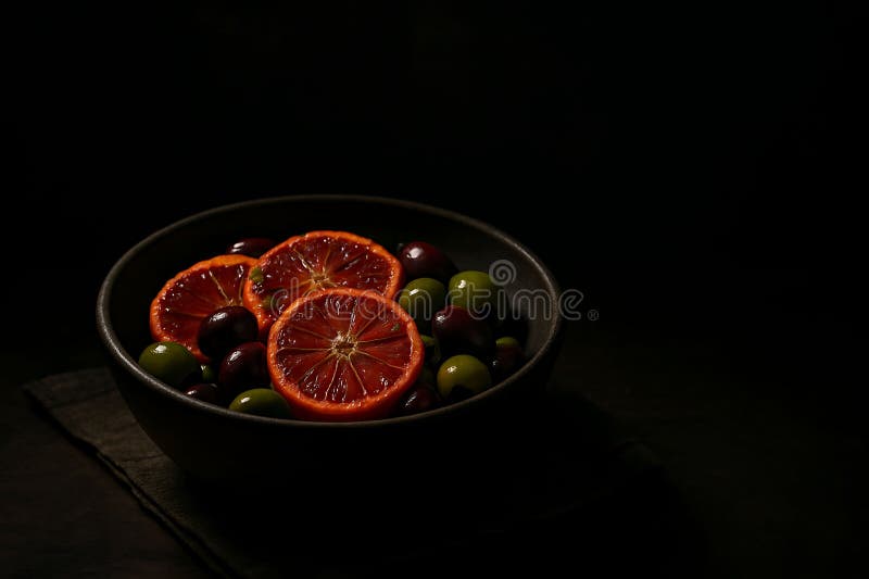 Dark Still Life Sange Portocaliu Felii cu măsline Ai Generat vector illustration