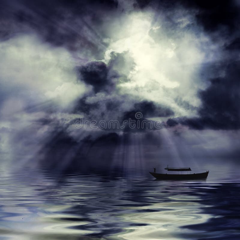 Moon shining through dark clouds over water and boat, atmospheric background. Serene beach atmosphere stock images, royalty-free photos and pictures
