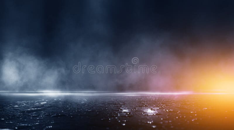 Dark street, the reflection of light on wet pavement.