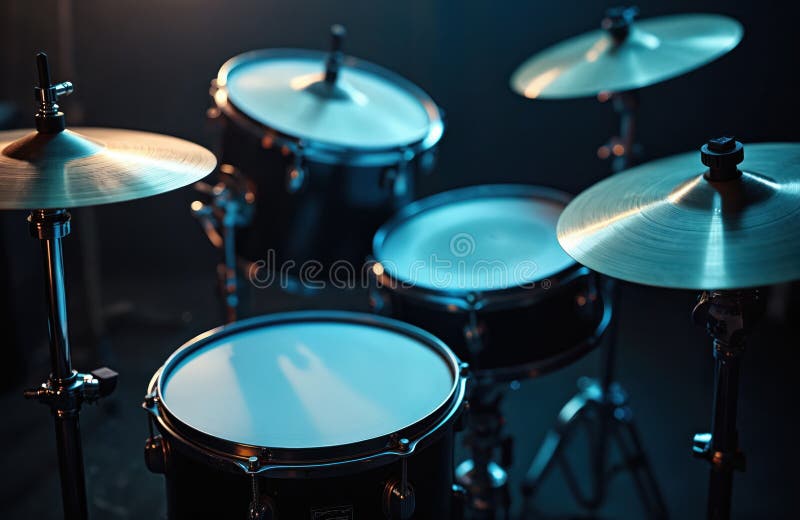 Dark studio setting with black drum kit. Focus on cymbals, various drums, instruments. Rock metal music performance set. Perfect
