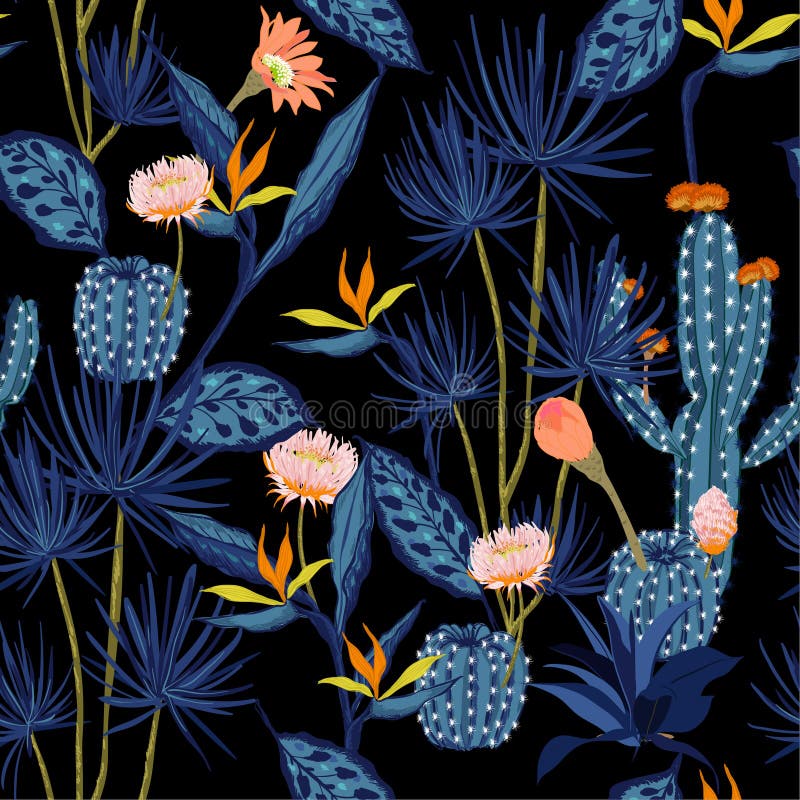 Dark summmer night Seamless pattern vector tropical ,flower,bird of paradise and cactus forest ,hand drawing style for