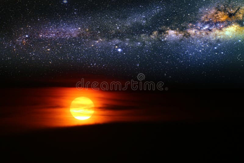 Dark sunset back onsilhouette red orange night cloud and milky way galaxy on sky