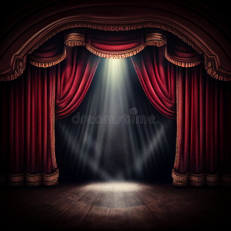Dark Theater Stage with Red Curtains and Spotlight Stock Illustration