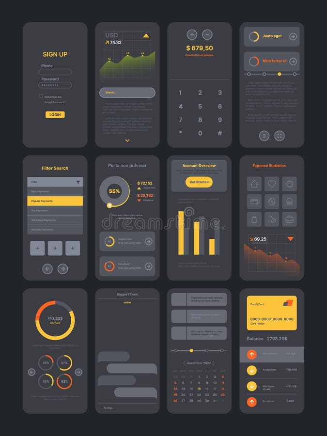 Dark theme ui kit. Digital modern interface app pages templates with various icons symbols frames preview search bars stock illustration