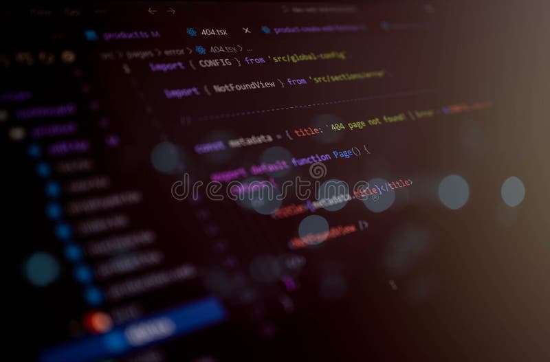 Dark-themed code editor screen showing a 404 error page component in TypeScript, perfect for illustrating frontend development royalty free stock image