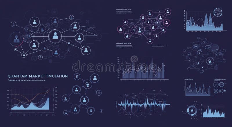 Dark-themed digital illustration showcasing a \'Quantum Market Simulation\' concept. vector illustration