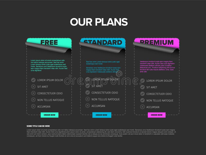 Dark Three products cards features schema template with order buttons royalty free illustration