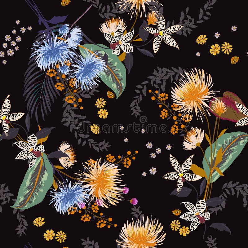 Dark Trendy Floral pattern in the many kind of flowers. Tropica royalty free illustration
