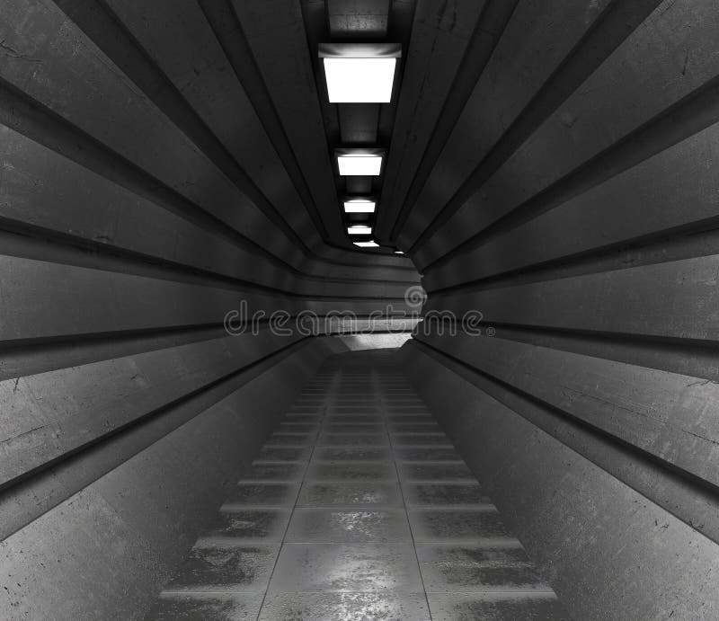 Dark tunnel, a long corridor of round shape lightened with light. royalty free illustration