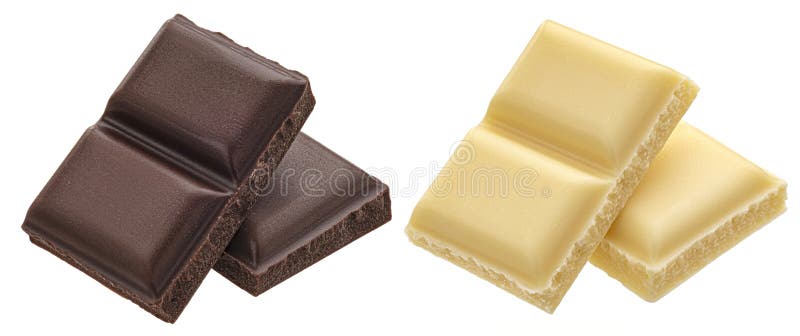 Dark and white milk chocolate pieces isolated, full depth of field