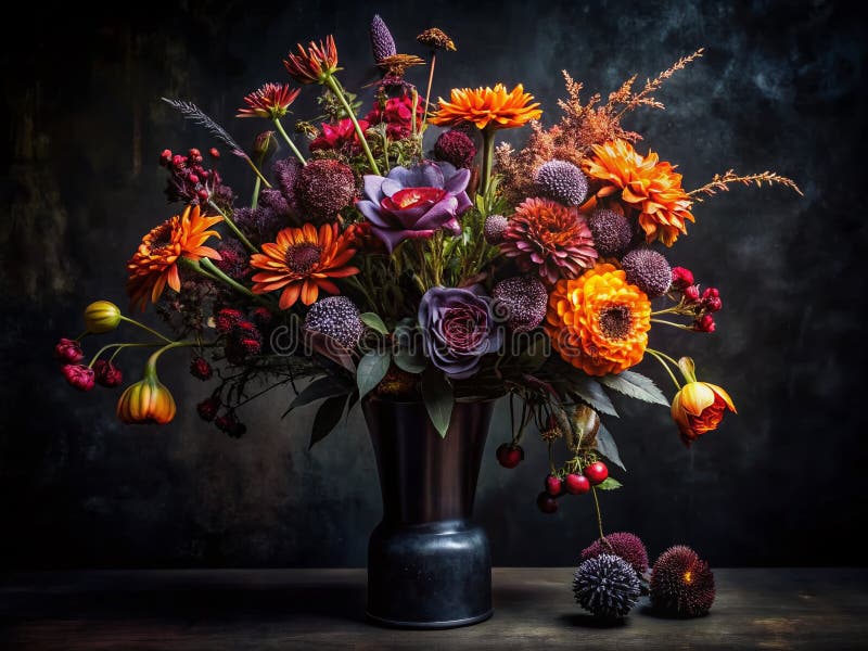 Darkly Enchanic Flowers in a Vase LowLight still Life Photography stock illustrationer