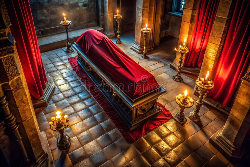 A Darkly Enchanting Aerial View of a Gothic Coffin Scene Ornate Casket Crimson Drapery and Candlelit Ambiance royaltyfri illustrationer