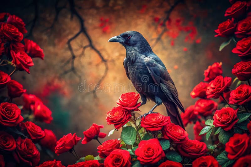 A Darkly Enchanting Vintage Hello Life Black Crow och Crimson Roses i en gotiic Aesthetic stock illustrationer