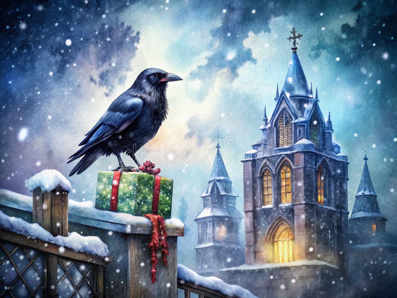 Darkly Enchanting Watercolor Raven A Gothic God Scene of Sparkling Snow and Festive Winter Charm vektor illustrationer