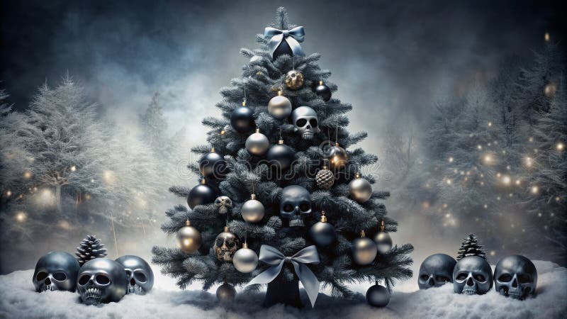 Darkly Enchanting Winter Wonderland A Spooky jul Tree Decorated with Black Ornaments Silver Skulls and Dark vektor illustrationer