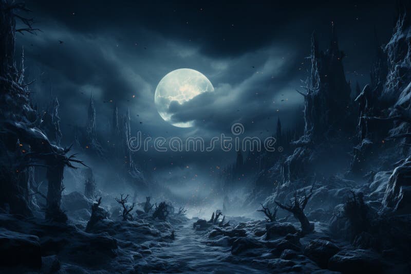 In the darkness, a snowstorm weaves its magic across the wintry landscape stock illustration