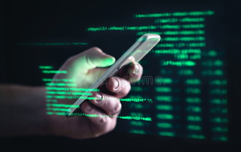 Darkweb, darknet and hacking concept. Hacker with cellphone. Man using dark web with smartphone. Mobile phone fraud, online scam. stock photos