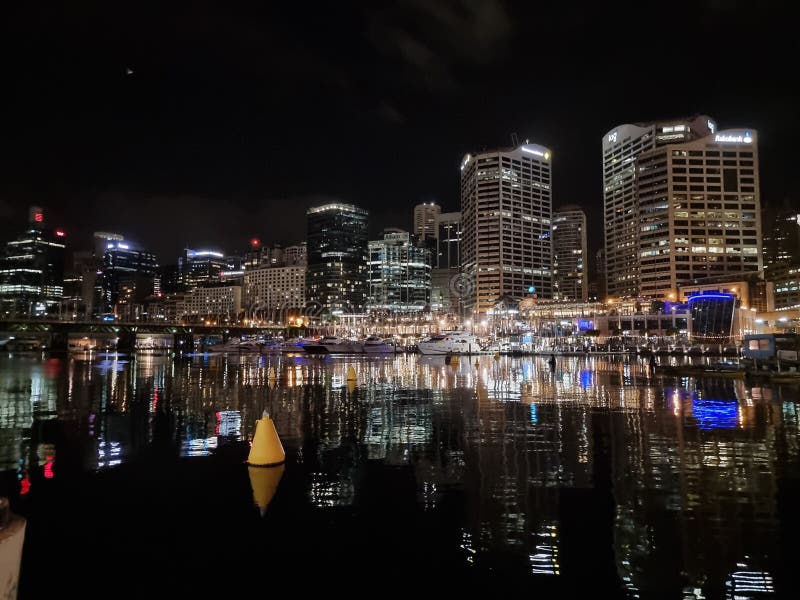 Darling harbour at night editorial photography. Image of lighting 250484592
