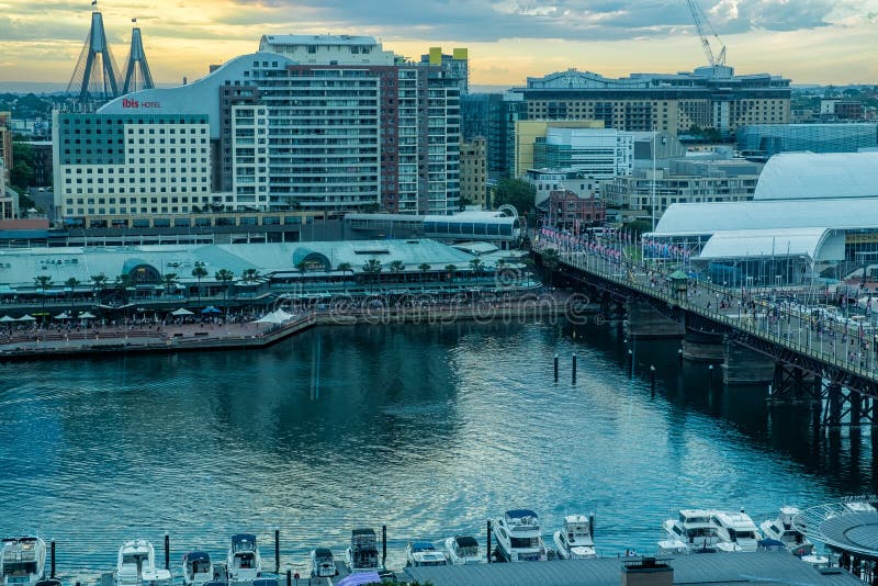 Darling Harbour Sydney Australia at Sunset Editorial Stock Photo