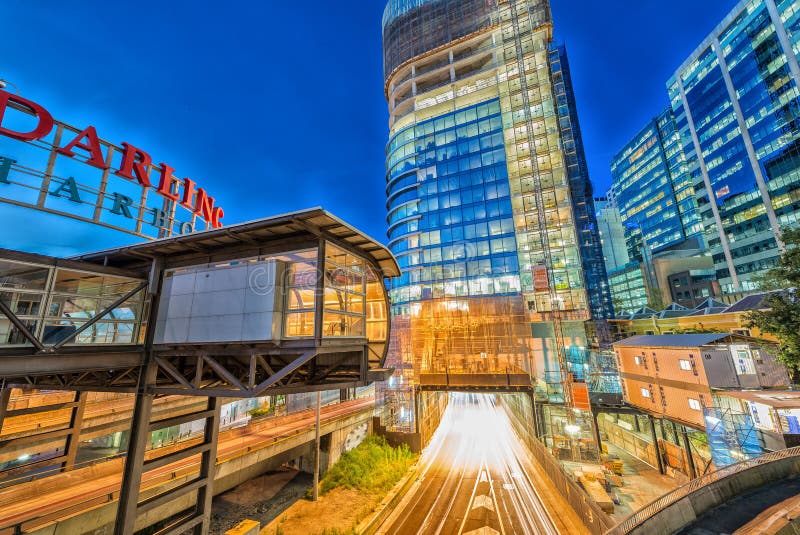 Darling Harbour, Sydney. Buildings and Skyline at Night Stock Image