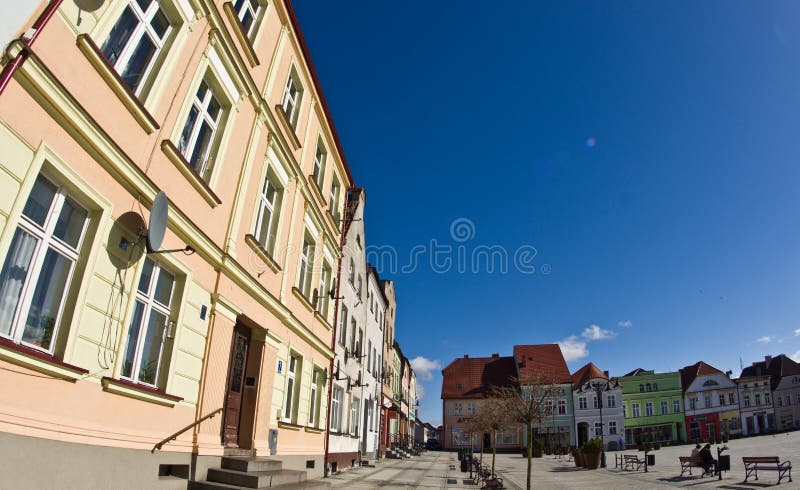 Darlowo Polen - bilden för fisheye för vinkel för stadfyrkant den breda arkivbilder Darlowo Polen - bilden för fisheye för vinkel för stadfyrkant den breda arkivbilder