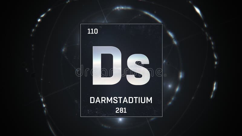 Darmstadtium comme élément 110 du tableau périodique 3d illustration sur fond argenté. 3d illustration du darmstadtium comme élément 110 du tableau périodique. fond de conception d'atome éclairé argenté avec électrons orbitaux. la conception affiche le nom poids atomique et le numéro d'élément