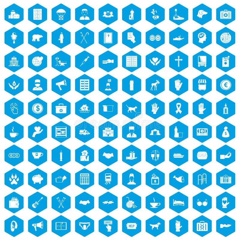 100 donation icons set in blue hexagon isolated vector illustration. 100 donation icons set in blue hexagon isolated vector illustration