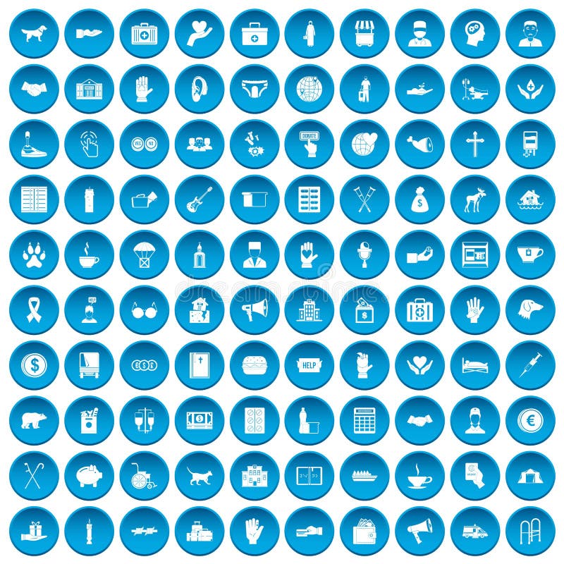 100 donation icons set in blue circle on white vector illustration. 100 donation icons set in blue circle on white vector illustration
