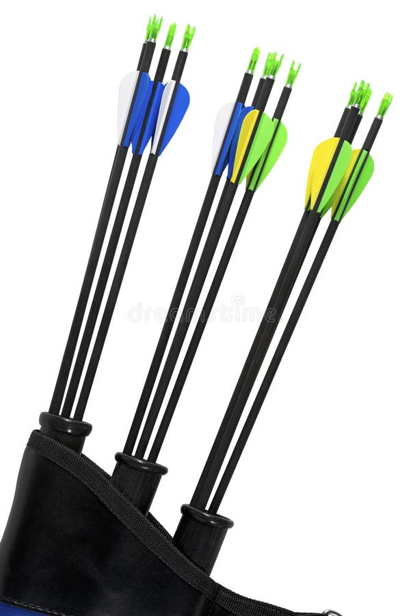 Black arrows in carbon in a black modern quiver with blue, green, yellow and white fletching isolated on white background. Black arrows in carbon in a black modern quiver with blue, green, yellow and white fletching isolated on white background