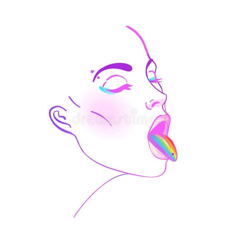 Darstellung einer Frau mit Regenbogenzunge. LGB-Konzept. Vektor-Illustration auf weißer Ebene. Lesbenmädchen lizenzfreie abbildung