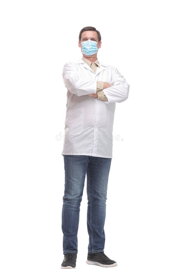 Darstellung eines kaukasischen Arztes mit Schutzhandschuhen und Maske lizenzfreies stockfoto