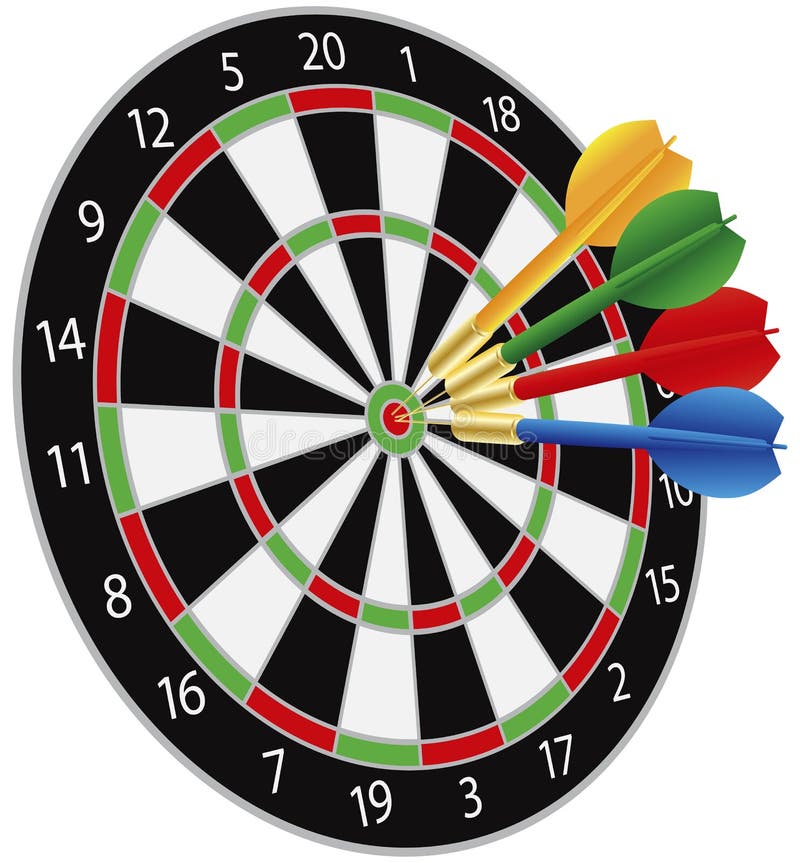 Dartboard With Darts Hitting The Bullseye Stock Vector - Illustration ...