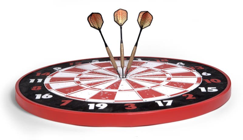 Darts hitting bullseye on white