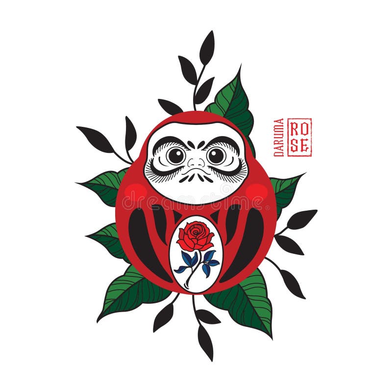 DARUMA ROSE, Daruma Doll Rose, Japanese Wish Doll. Illustration of