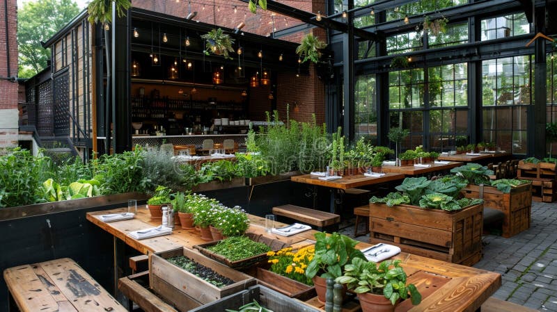 Das Bistro serviert frische Gerichte im urbanen Garten. Dies ist ein ai-generierter Bildinhalt mit dem Titel Bistro serviert frische Gerichte in städtischen Garten Einstellung