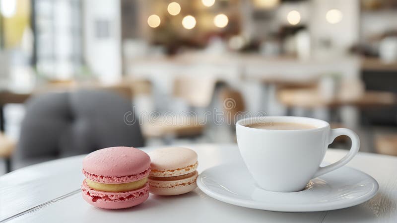 Das charmante Café-Ambiente mit feinen Macarons neben der weißen Kaffeetasse auf Holztisch und französischem Coffee Shop-Konzept stockbilder