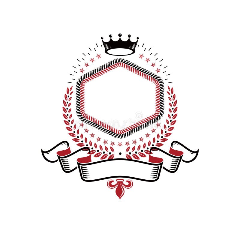 Das grafische Emblem, das mit Kaiserkrone gemacht werden, das elegante Band und der Lorbeer winden Heraldisches Wappen vektor abbildung Das grafische Emblem, das mit Kaiserkrone gemacht werden, das elegante Band und der Lorbeer winden Heraldisches Wappen vektor abbildung