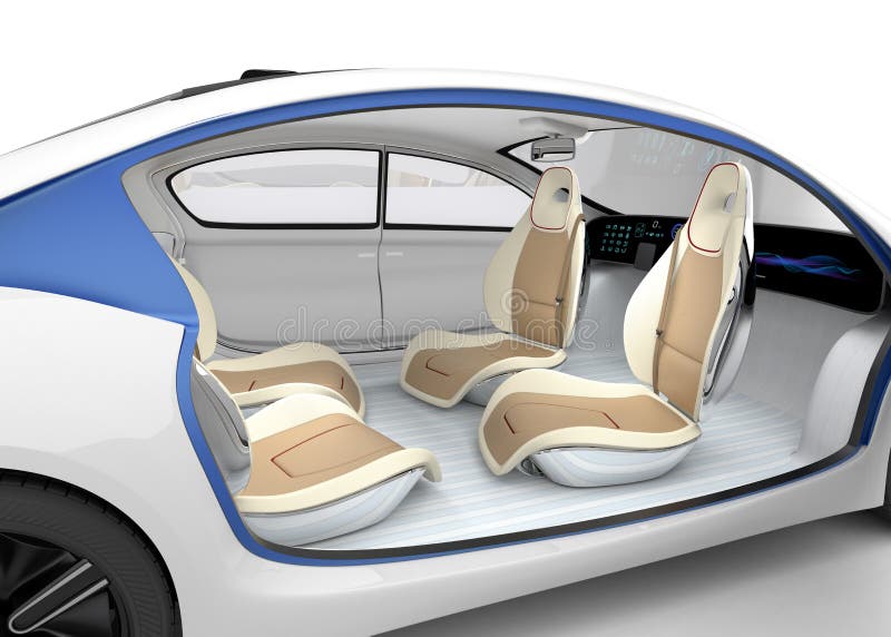 Das Innenkonzept des autonomen Autos Das Autoangebotfaltende Lenkrad, drehbarer Beifahrersitz lizenzfreie abbildung Das Innenkonzept des autonomen Autos Das Autoangebotfaltende Lenkrad, drehbarer Beifahrersitz lizenzfreie abbildung