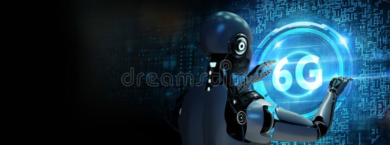 Das Konzept der 6 g-Netze für das mobile Hochgeschwindigkeits-Internet der neuen Generation. Taste drücken des Roboters auf virtue lizenzfreie abbildung