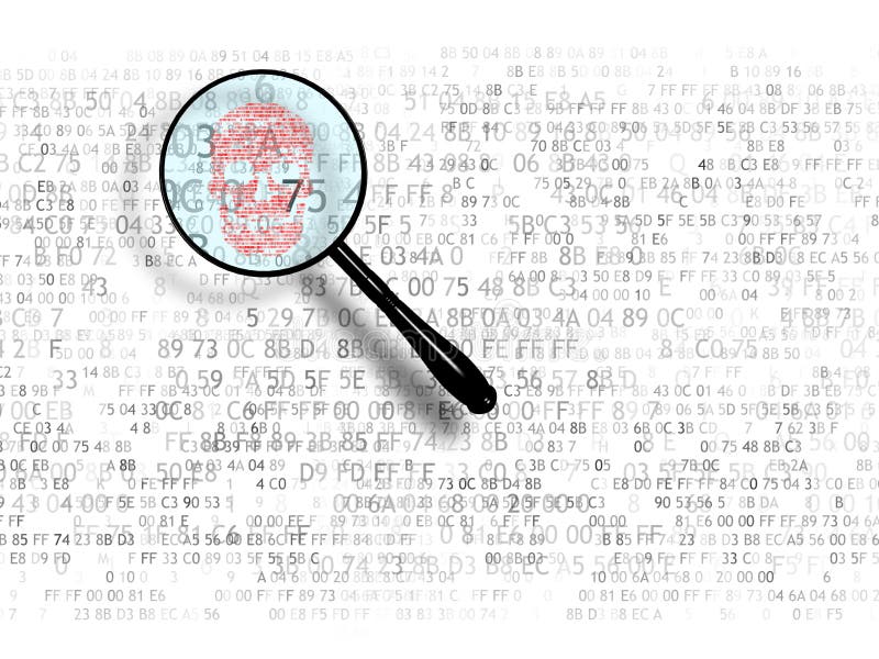 The concept of search in hex code, malicious code. Web search. A magnifying glass looking for. The concept of search in hex code, malicious code. Web search. A magnifying glass looking for.