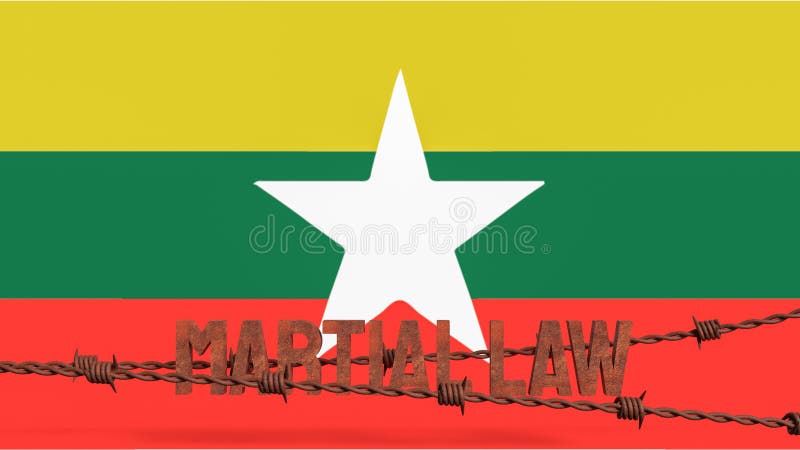 Das Kriegsrecht und Stacheldraht auf der Yyanmarflagge für das Hintergrundkonzept 3d rendering stock abbildung