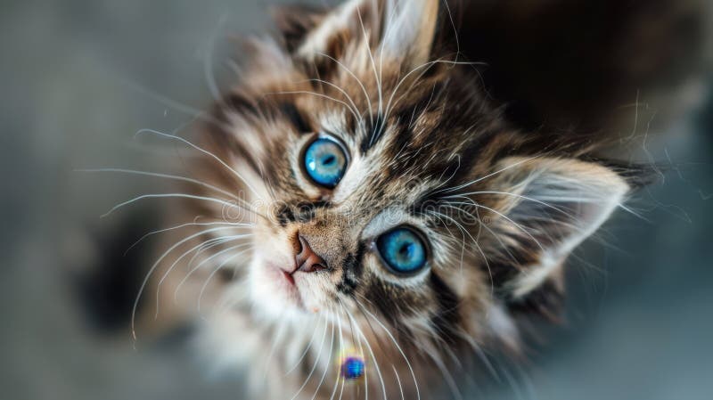 Das Kätzchen mit blauen AugenAI generierte Bild. Kitten mit auffallend blauen Augen, inquisitiv nach oben schauend. AI-generiertes Bild.