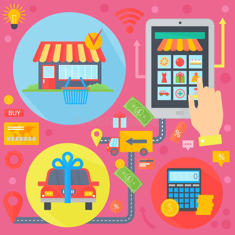 Das on-line-Einkaufen, das bewegliche Marketing und die digitalen Marketing infographics Schablonenikonen in den Kreisen entwerfe lizenzfreie abbildung