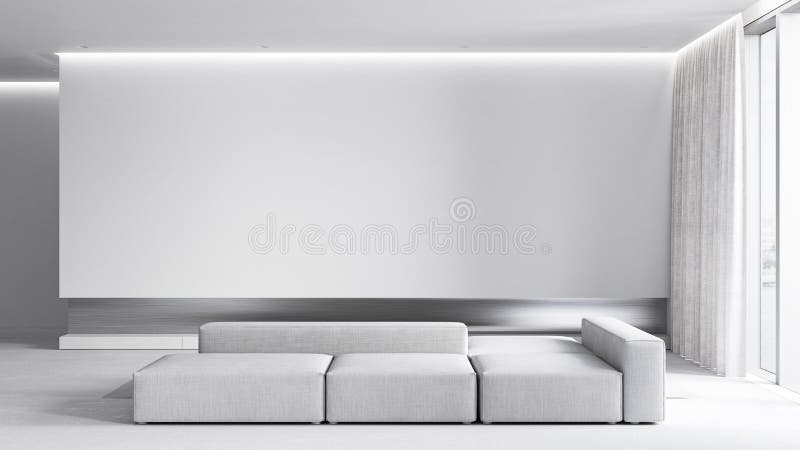 Das minimalistische, weiße Interieur mit Sofa und Hintergrundbeleuchtung. vektor abbildung