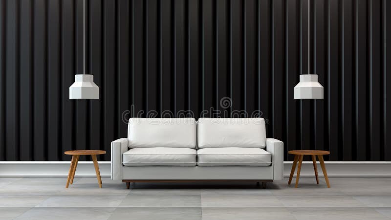 Das moderne Innen Dachbodenwohnzimmer, weißes Sofa mit schwarzer Wand /3d übertragen lizenzfreie abbildung