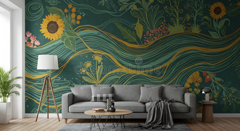 Das moderne Wohnzimmer verfügt über ein großes Wandgemälde mit dynamischen botanischen Designs, darunter lizenzfreie abbildung