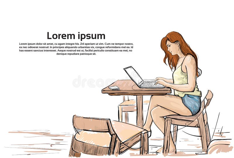 Das Mädchen, das auf Laptop-Computer schreibt, skizzieren die junge Frau, die on-line-Sitzen auf Stuhl-Wohnzimmer-Innenraum plaud lizenzfreie abbildung Das Mädchen, das auf Laptop-Computer schreibt, skizzieren die junge Frau, die on-line-Sitzen auf Stuhl-Wohnzimmer-Innenraum plaud lizenzfreie abbildung