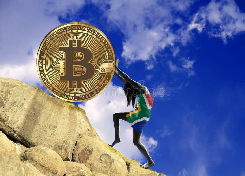 Das Mädchen, eingewickelt in der Flagge von Südafrika, hebt eine bitcoin Münze herauf den Hügel an lizenzfreie abbildung Das Mädchen, eingewickelt in der Flagge von Südafrika, hebt eine bitcoin Münze herauf den Hügel an lizenzfreie abbildung